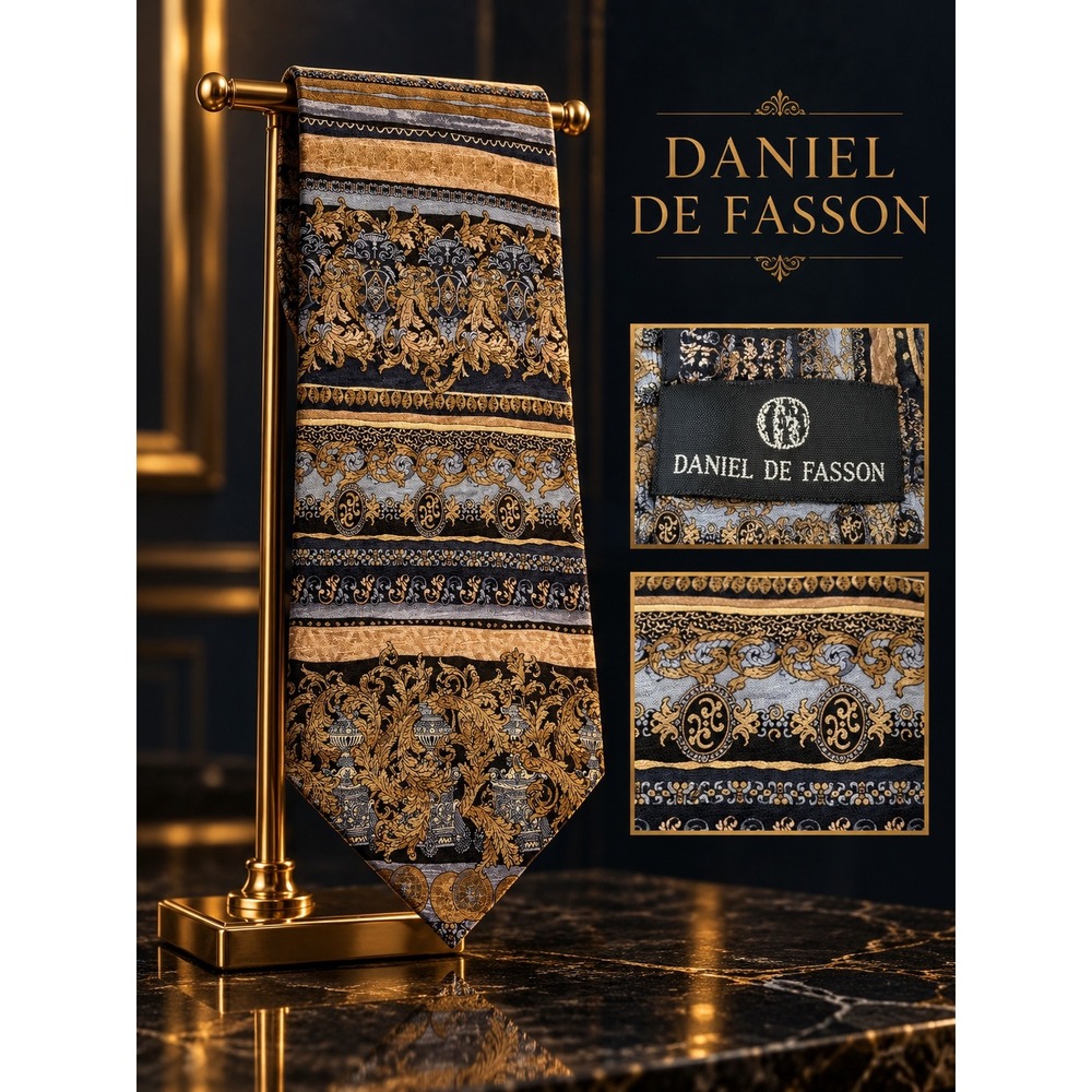 Daniel De Fasson Silk Tie Mens Gold Navy Blue Baroque Scrollwork Handmade